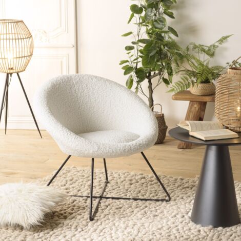 AGATHE - Fauteuil tissu bouclette blanc pieds croisés métal noir (1/5)