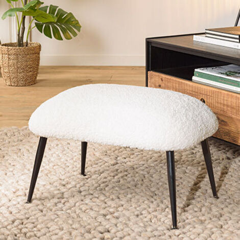 AGATHE - Tabouret cosy tissu bouclette blanc pieds métal noir (1/6)