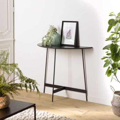 DALY - Console demi-lune en bois noire 83x35cm piètement métal (1/5)