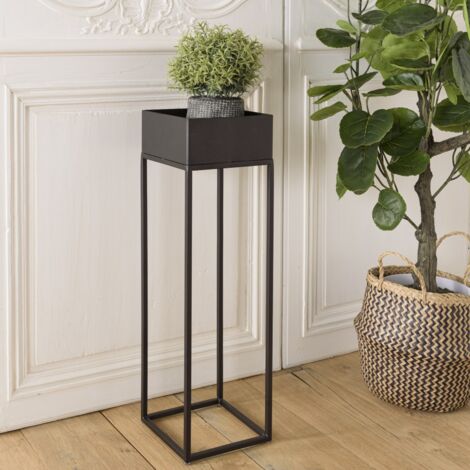 DALY - Sellette carrée / porte plantes en bois piètement métal noir (1/5)