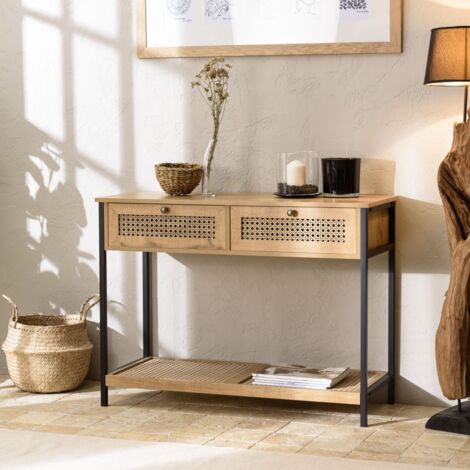 CHARLIE - Console bois marron 2 tiroirs 1 étagère cannage pieds métal (1/5)
