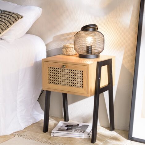 CHARLIE - Table de chevet bois 1 tiroir cannage pieds inclinés métal (1/5)