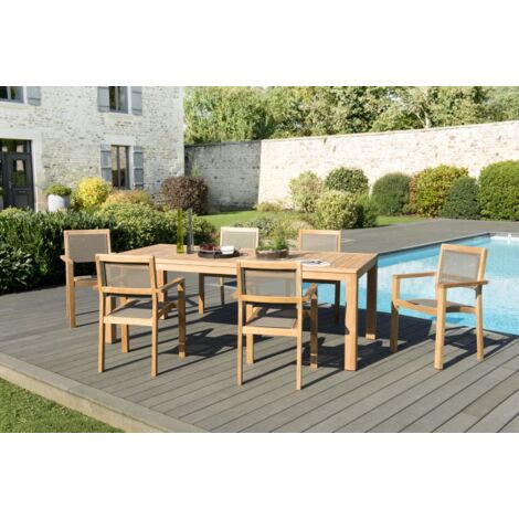 KIM - Ensemble de jardin bois teck - table rect. 220 cm / 6 fauteuils (1/5)