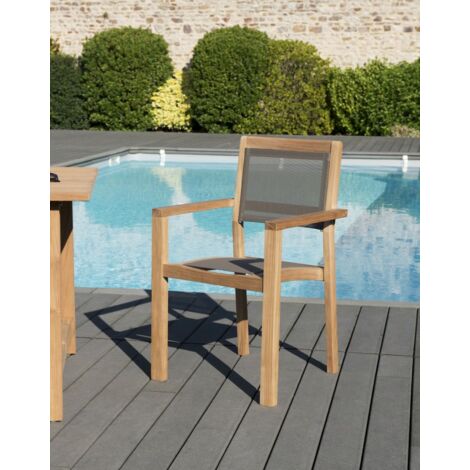 FUN - Ensemble de 2 fauteuils jardin empilables en bois teck et textilène couleur taupe (1/5)