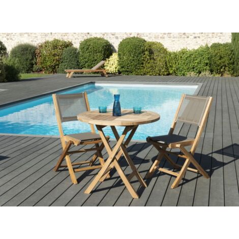 FUN - Ensemble de jardin 2 pers. table bois Teck 80cm, 2 chaises gris (1/5)