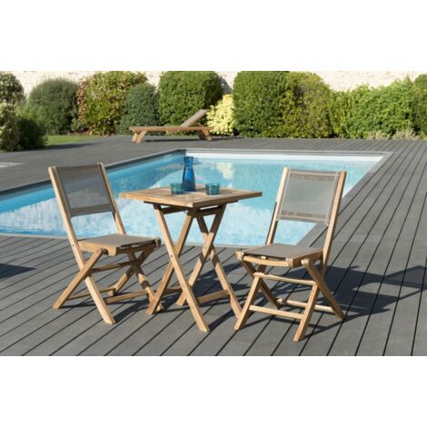 FUN - Ensemble de jardin, table en bois Teck 60cm et 2 chaises gris (1/5)
