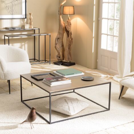 JOHAN - Table basse carrée 90x90cm aluminium doré et noir pieds métal (1/5)