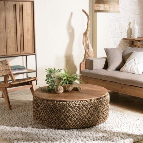 SIXTINE - Table basse ronde diam 100 rotin, plateau bois teck recyclé (1/5)