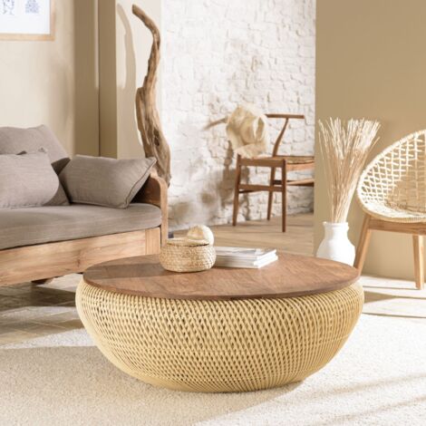 Macabane – Table basse ronde 100 cm en rotin beige – Plateau amovible – Teck recyclé – Meuble monté (1/5)