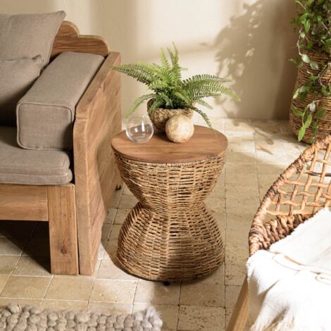 SIXTINE - Tabouret marron assise en bois de teck recyclé (1/5)