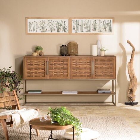 SIXTINE - Buffet en bois de teck recyclé 4 portes en tissage de bambou (1/5)