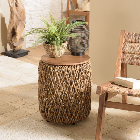 SIXTINE - Table d'appoint ronde diam40 rotin plateau bois teck recyclé (1/5)