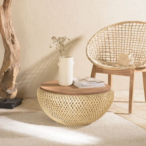 Macabane – Table basse ronde 68cm en teck recyclé et rotin beige – Plateau amovible – Piètement ajouré pour style naturel