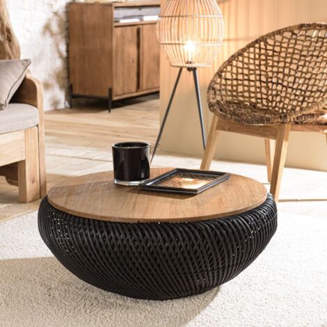 Macabane – Table basse ronde 80cm en teck recyclé et rotin noir – Plateau amovible – Style naturel et chaleureux – Dimensions 81x81x32cm (1/5)