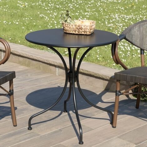 Macabane – Table de jardin ronde 2 personnes 70x70cm – Acier noir – Pieds évasés style bistrot – Meuble monté pour balcon et terrasse
