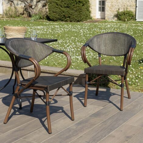 VIANNEY - Lot de 2 chaises de jardin bistrot en acier textilène marron (1/5)