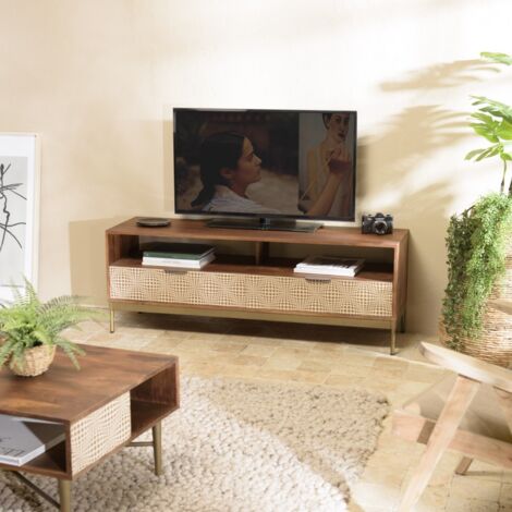 ALIX - Meuble TV en bois de manguier 2 niches 2 tiroirs (1/5)