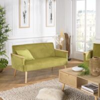 AGATHE - Canapé 2 places pieds et accoudoirs bois velours vert clair