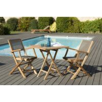 FUN - Ensemble de jardin table bois teck / 2 fauteuils textilène taupe