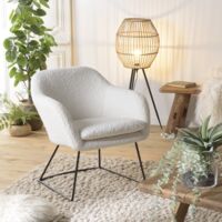 AGATHE - Fauteuil urban tissu bouclette blanc pieds évasés métal noir