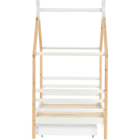 FAHOI Hausbett Kinderbett 90x200cm - Weiß Mit Ablageregal Aus Kiefer