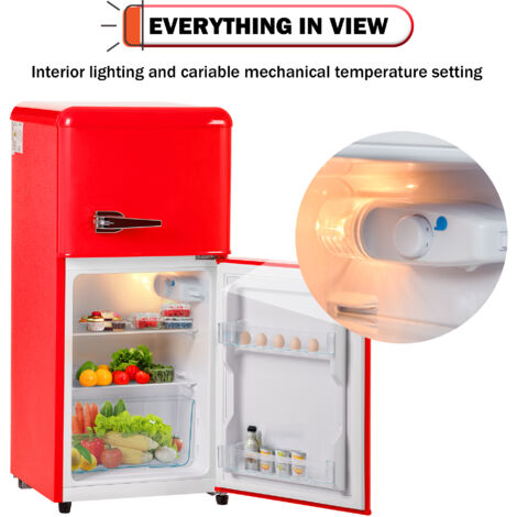 Retro-Kühlschrank. Gefrierkombination. 86,8 cm hoch, 45,5 cm , mit 60 Liter Gesamtvolumen, 22 Liter Gefriervolumen. 163 kWh/Jahr, -27°C ∽ 13°C, LED-Licht. Premiumrot Energieklasse F OKWISH