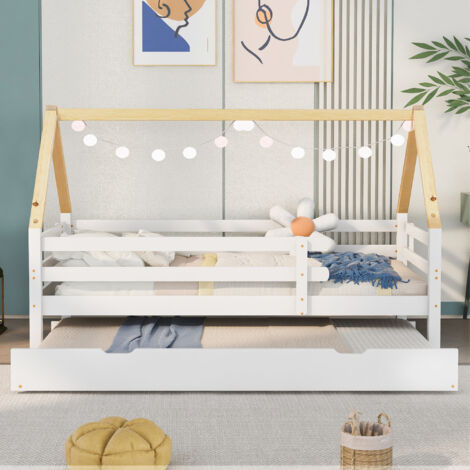 Baumhausbett, Tagesbett, Einzelbett, Kinderbett, Ausziehbett, Schiebebett mit Rollen unten, Massivholz, weißes Bett, naturfarbener Dachstuhl (200x90cm) OKWISH