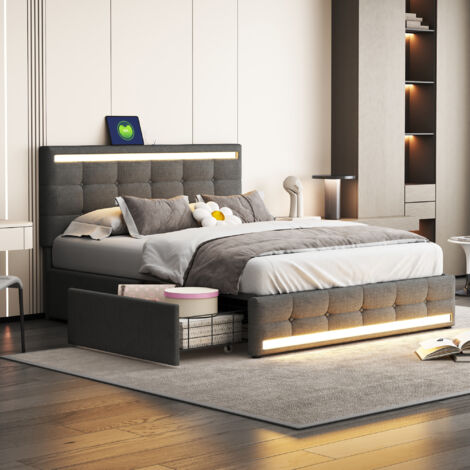 Modernes Doppelbett Mit LED & Schubladen - 140x190 Cm Samtstoff In Beige