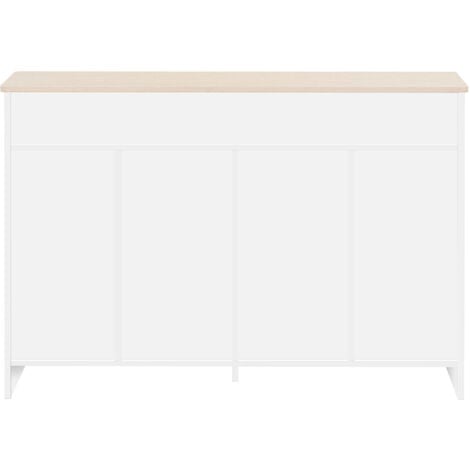 Sideboard mit weißer Holzmaserung, vier Türen, mit zwei Schubladen, Tür mit Glas. Wohnzimmer, Esszimmer. Holzfarbe und Weiß OKWISH