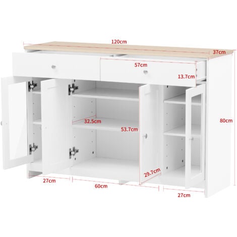 Sideboard mit weißer Holzmaserung, vier Türen, mit zwei Schubladen, Tür mit Glas. Wohnzimmer, Esszimmer. Holzfarbe und Weiß OKWISH