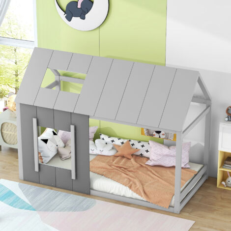 Kinderbett 90x200 cm Einzelbett Hochbett mit Dach und Fenster, aus Kiefernholz und MDF, grau, ohne Matratze