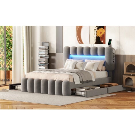 YNYHTER LED-Bett 140x200 Cm - Polsterbett Mit USB-Ladefunktion & Dimmbaren Lichtern