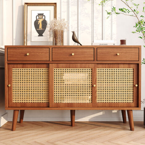 Sideboard, Kommode mit 3 Schubladen und 3 Schiebetüren, Rattangeflecht auf den Türfronten, Beine aus massivem Holz, Golden Metall Bügelgriff,verstellbare Ablagen,nussbaumfarben,120x 40x78cm OKWISH (1/5)