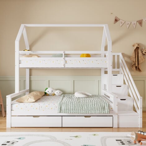 Kinder Hausbett 90x200cm Aus Kiefernholz - Mit Absturzsicherung & 2 Schubladen