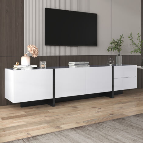 TV-Bank, Lowboard mit Colorblock-Beinen in glänzendem Weiß und Schwarz, mit Türen und Schubladen, Türen mit Einlegeböden. Einfaches Liniendesign.