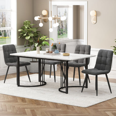 Essgruppe (5 Teile), Esstisch-Set mit 4 Stühlen, modernes Küchentisch-Set, 140 x 80 cm großer Küchentisch mit schwarzen Metallbeinen, weiße MDF-Platte, dunkelgraue Samt-Esszimmerstühle