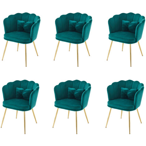 Set mit 6 modernen Samt-Wohnzimmerstühlen, Badezimmerstühlen, gepolsterten Stühlen mit Blütenblattrücken, vergoldeten Metallbeinen und Schmetterlingskissen für Schlafzimmer, Esszimmer