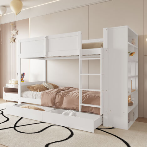 Kombibett 90x200cm, Einzel-Kinderbett Mit 2 Schubladen Und Ablageflachen Lattenrost Massivholzbett Weiss 1