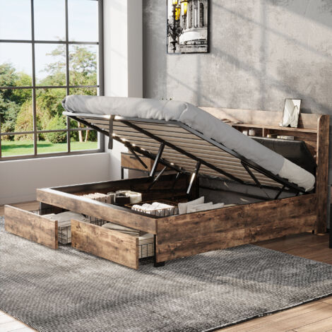 Kebnor Holzbett 140x200cm Mit Stauraum - Hydraulisches Bett Mit USB Steckdose Für Jugendzimmer