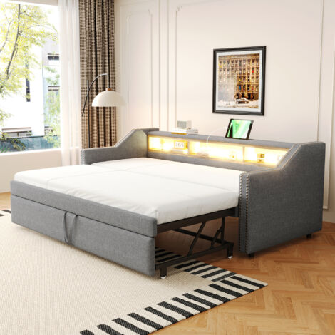 Polsterbett, ausziehbares Schlafsofa 90/180 x 190 cm, Multifunktions-Stauraum, LED-Beleuchtung und USB-Steckdose, mit Lattenrost, hellgrau