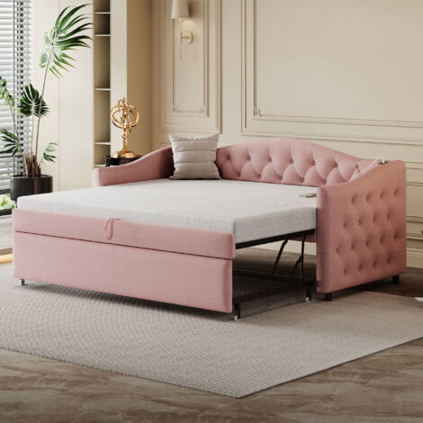 Polsterbett, ausziehbares Schlafsofa 90x200 cm, mit USB-Anschluss, klassische Form mit Knöpfen mit Lattenrost, Multifunktionsbett - Gästebett, Leinenstoff, rosa (Matratze nicht im Lieferumfang enthalt