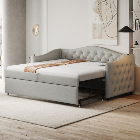 Polsterbett, ausziehbares Schlafsofa 90x200 cm, mit USB-Anschluss, klassische Form mit Knöpfen mit Lattenrost, Multifunktionsbett - Gästebett, Leinenstoff, grau (Matratze nicht im Lieferumfang enthalt