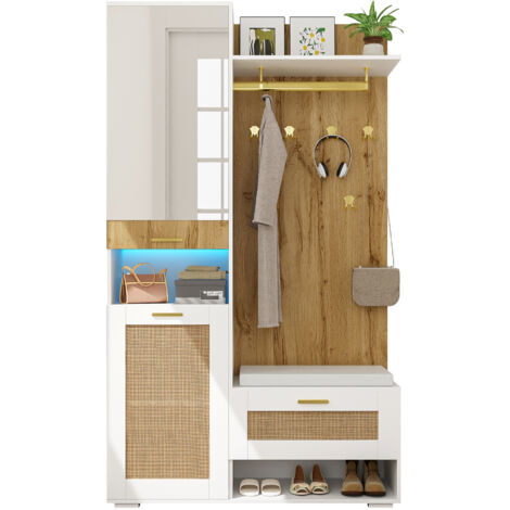Kleiderschrank-Set, Garderobenset mit Spiegel, 5 goldenen Haken, Schuhschrank, Wandgarderobe, oberem Ablagefach, Bank und 16-farbiger LED-Beleuchtung
