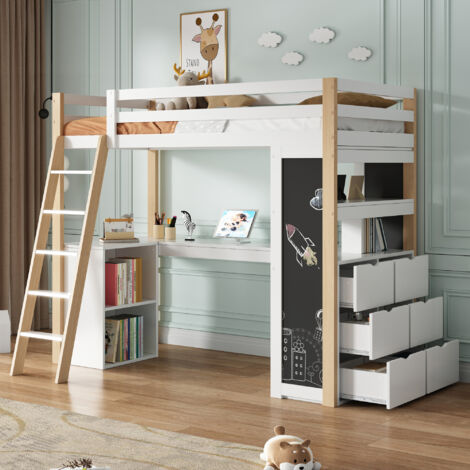Kinderhochbett, multifunktionales Kinderbett, mit Leiter, Schreibtisch, Staufach, großer Schublade, Tafel, Regal, exklusive Matratze, weiß + natur, 90200