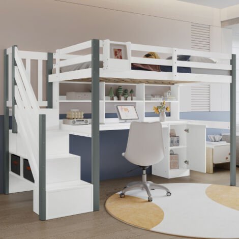 Halbhohes Bett 90x200 cm Hochbett, Einzel-Kinderbett mit Stauraum, Leiter, Regal und Schreibtisch und Schließfächern, in Kiefer + MDF, weiß + grau, ohne Matratze