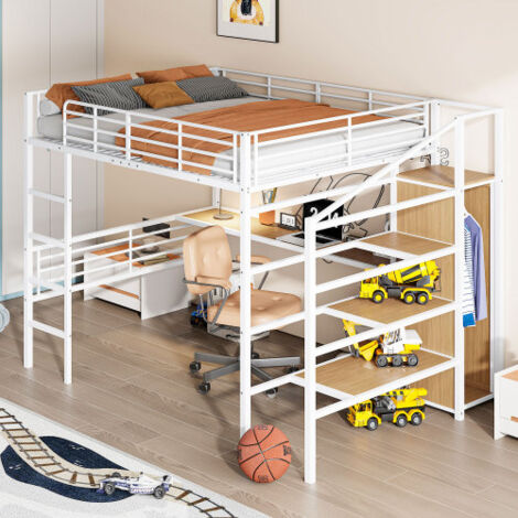 Hochbett, 140x200 cm Kinderbett mit Schreibtisch, offenem Kleiderschrank und Stauraumtreppe, in Weißmetall, ohne Matratze