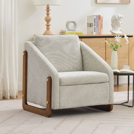 Wohnzimmer-Akzentstuhl, 73,5 x 73,5 x 73,5 cm, moderner Stuhl mit Holzarmlehnen, mit Rückenkissen, beiger Chenille-Stoff (1/5)