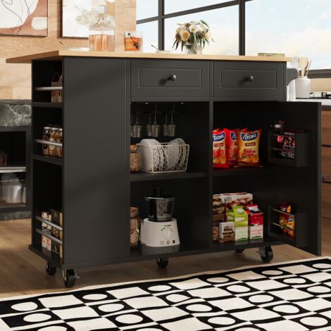 Kücheninsel mit herausnehmbaren Trennwänden, Küchenschrank, Esszimmerwagen mit Arbeitsplatte, Buffetschrank, Esszimmerwagen mit Holzmaserung, ausgestattet mit Snackregal und Weinglashalter, Schwarz