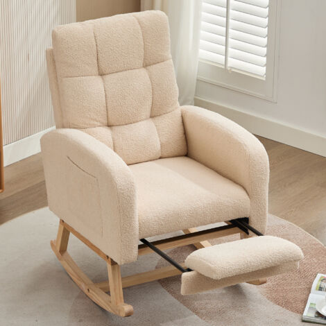 Schaukelstuhl aus Teddy-Samt, Massivholzrahmen, Metallbeine, Polsterung aus hochdichtem Schaumstoff, für Wohnzimmer, Beige (1/5)