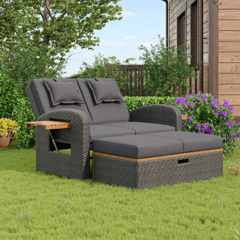Garten-Sonnenliegen-Set für 2 Personen, graues Rattan, verstellbare Rückenlehne, Beistelltisch aus Akazienholz, Stützbein, kann mit Fußstütze oder als Outdoor-Bett verwendet werden, mit Rückenkissen u (1/5)